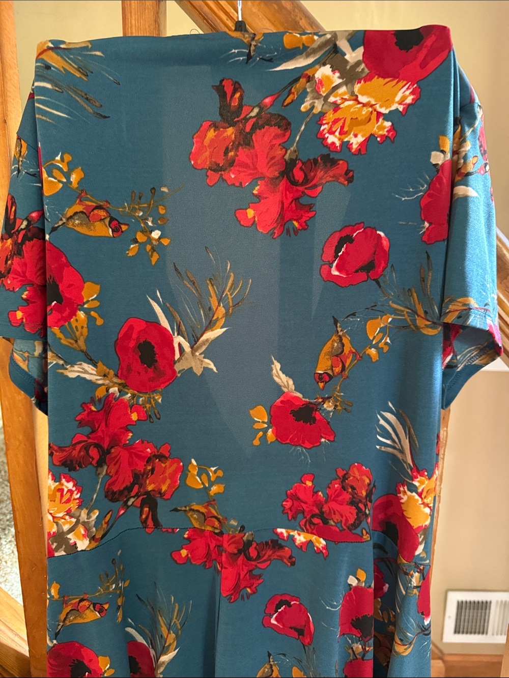 Teal Floral Wrap Dress with Red Bloom Print - Picture 7 of 8